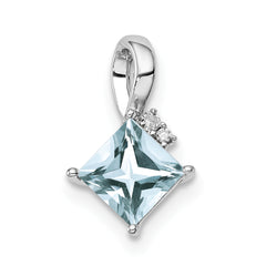 Sterling Silver Rhodium Plated Dia. & Aquamarine Square Pendant