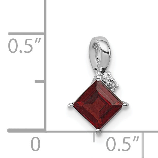 Sterling Silver Rhodium Plated Diamond & Garnet Square Pendant