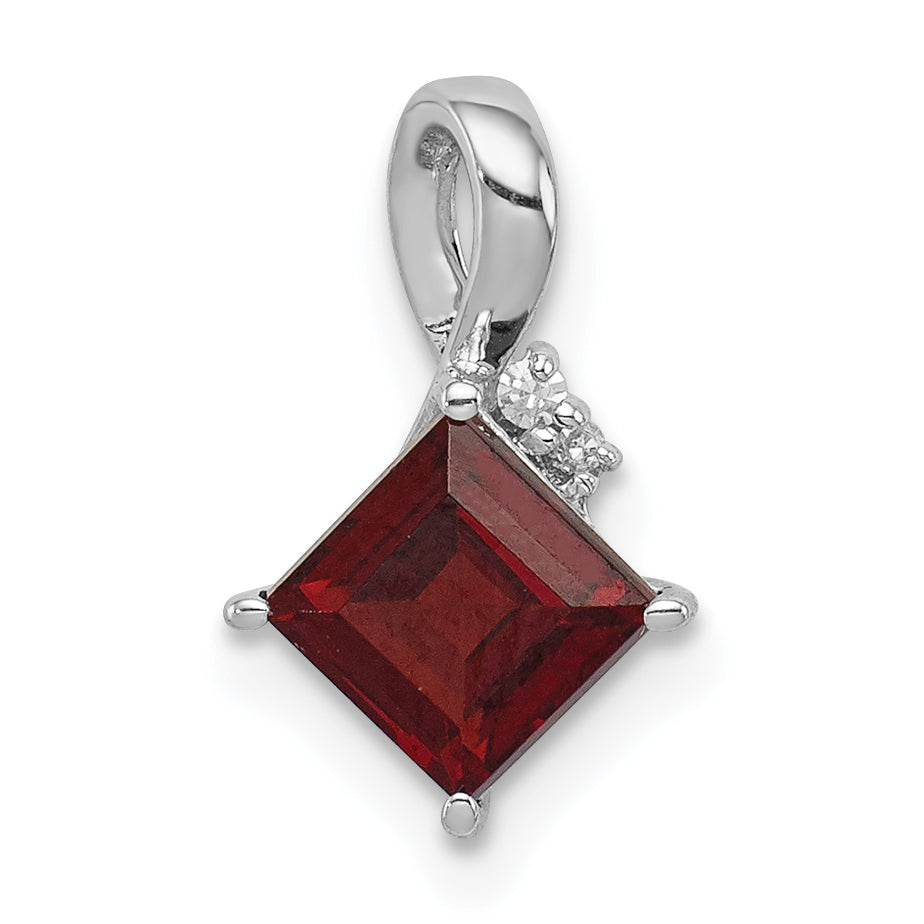 Sterling Silver Rhodium Plated Diamond & Garnet Square Pendant