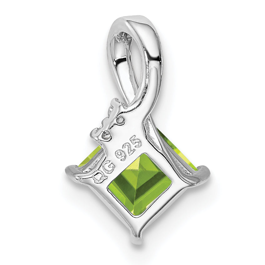 Sterling Silver Rhodium Plated Diamond and Peridot Square Pendant