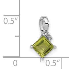 Sterling Silver Rhodium Plated Diamond and Peridot Square Pendant