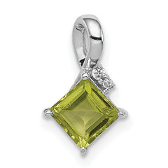 Sterling Silver Rhodium Plated Diamond and Peridot Square Pendant