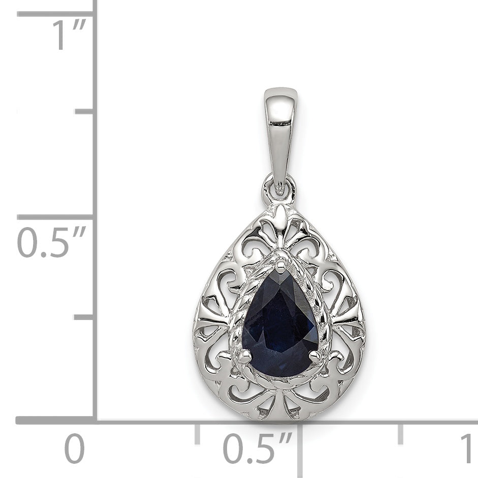 Sterling Silver Rhodium Plated Sapphire Teardrop Pendant