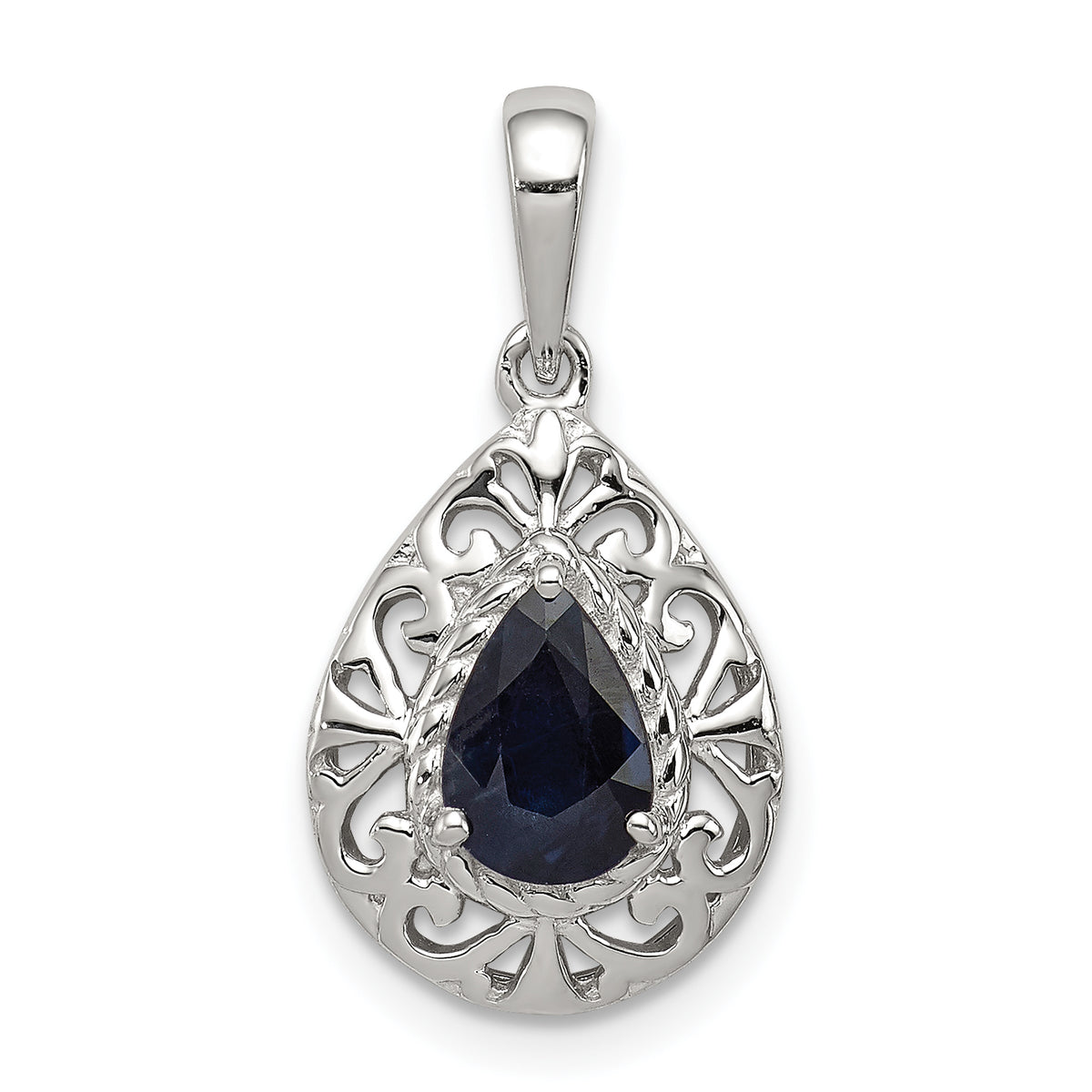 Sterling Silver Rhodium Plated Sapphire Teardrop Pendant