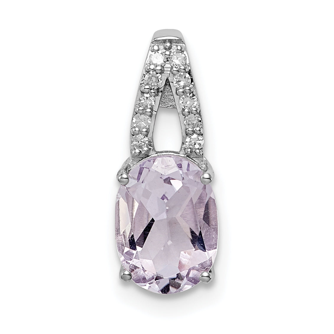 Sterling Silver Rhodium-plated Diamond and Pink Quartz Oval Pendant