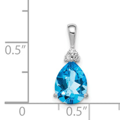 Sterling Silver Rhodium Diamond & Lght Sw. Blue Topaz Teardrop Pendant