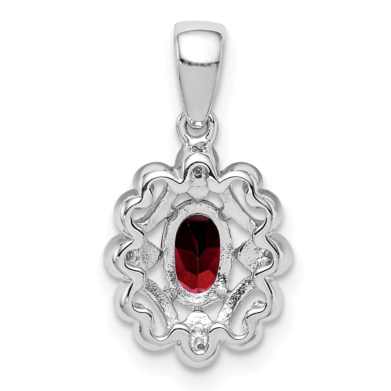 Sterling Silver Rhodium Plated Diamond & Garnet Oval Pendant