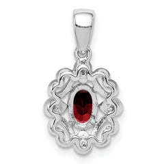 Sterling Silver Rhodium Plated Diamond & Garnet Oval Pendant