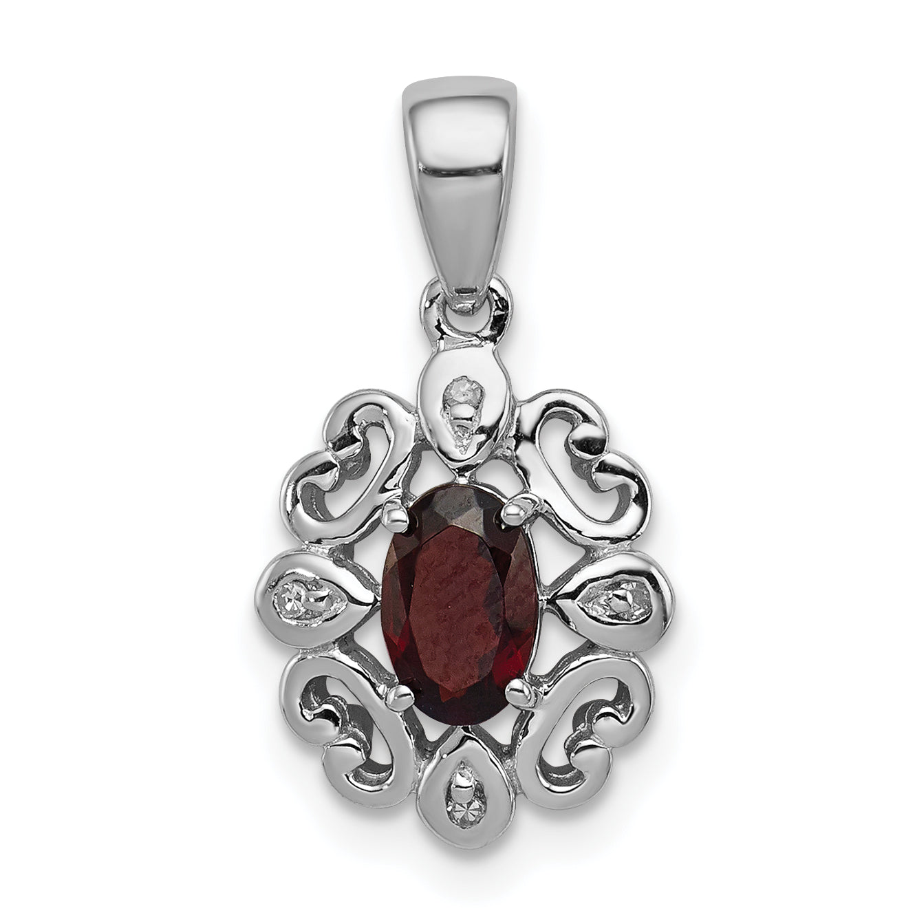 Sterling Silver Rhodium Plated Diamond & Garnet Oval Pendant