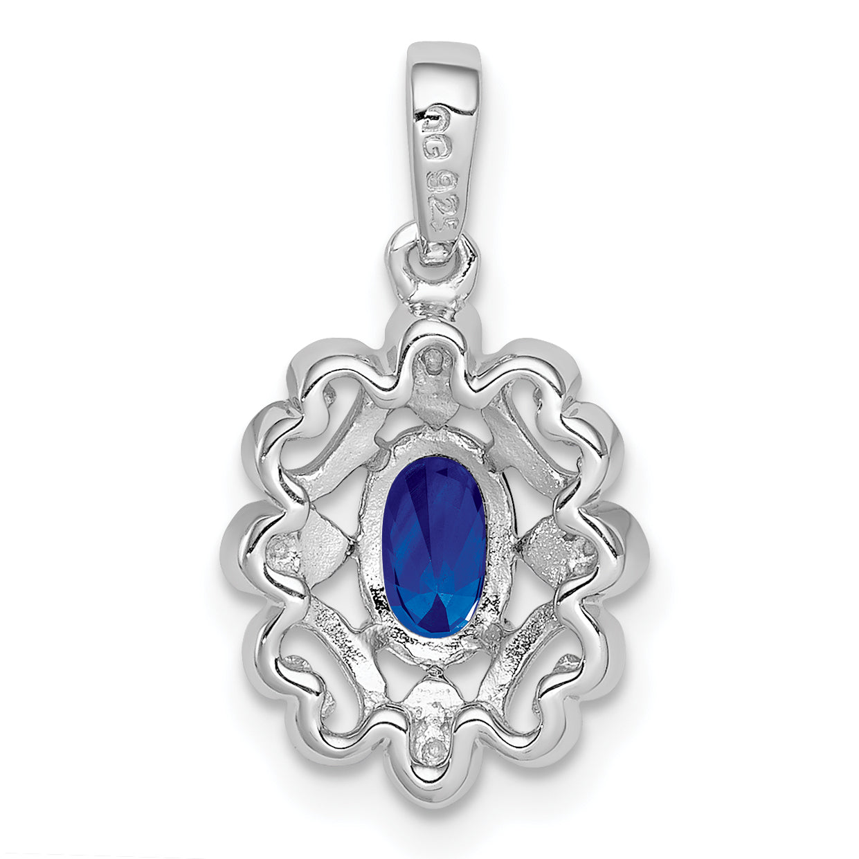 Sterling Silver Rhodium Plated Diamond & Sapphire Oval Pendant