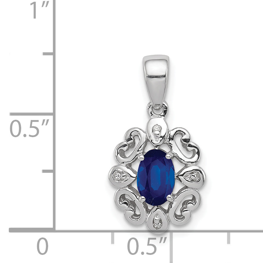 Sterling Silver Rhodium Plated Diamond & Sapphire Oval Pendant