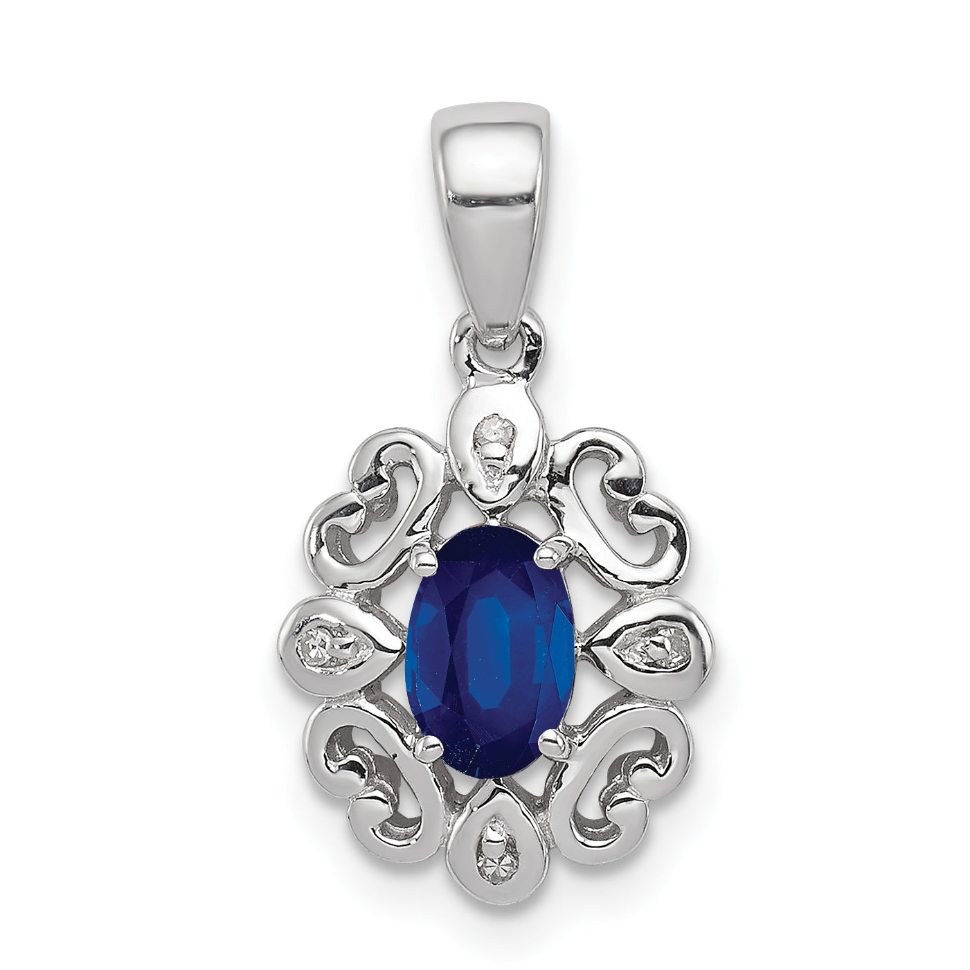 Sterling Silver Rhodium Plated Diamond & Sapphire Oval Pendant