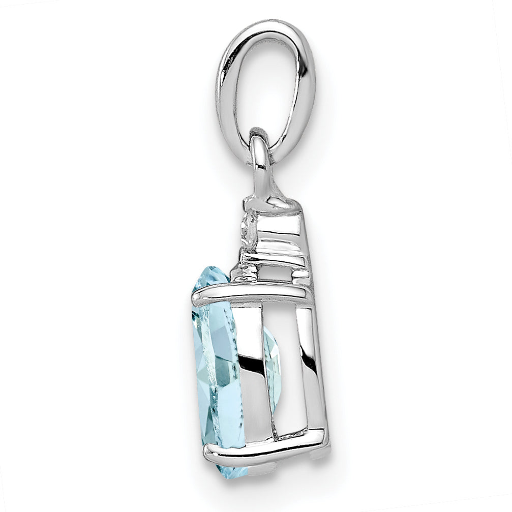 Sterling Silver Rhodium Plated Diamond Aquamarine Oval Pendant