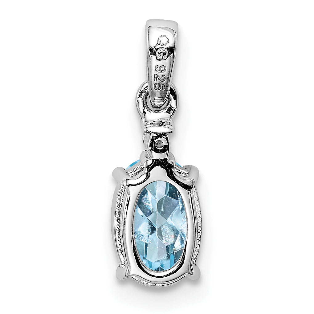 Sterling Silver Rhodium Plated Diamond Aquamarine Oval Pendant