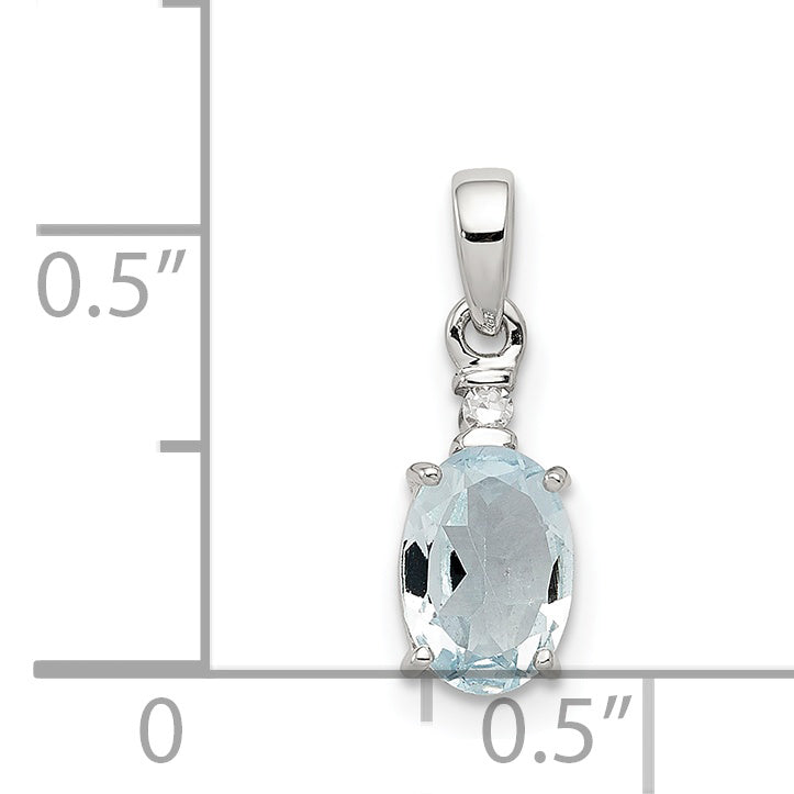 Sterling Silver Rhodium Plated Diamond Aquamarine Oval Pendant