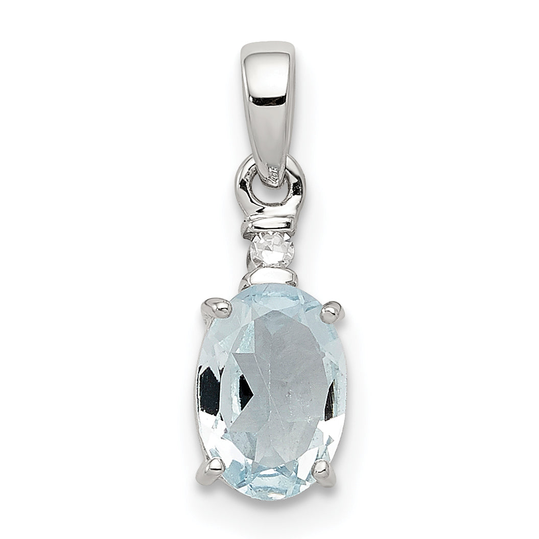 Sterling Silver Rhodium Plated Diamond Aquamarine Oval Pendant