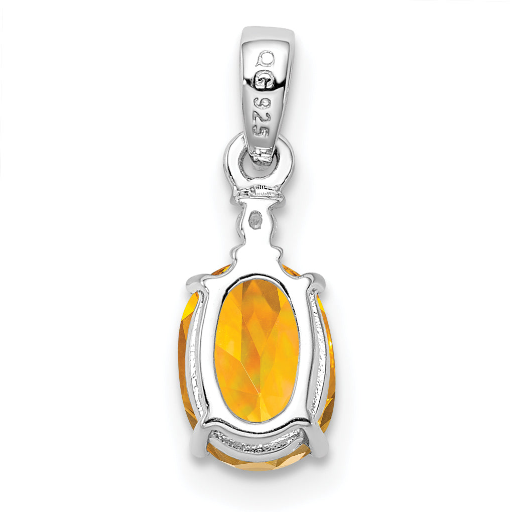 Sterling Silver Rhodium Plated Diamond & Citrine Oval Pendant