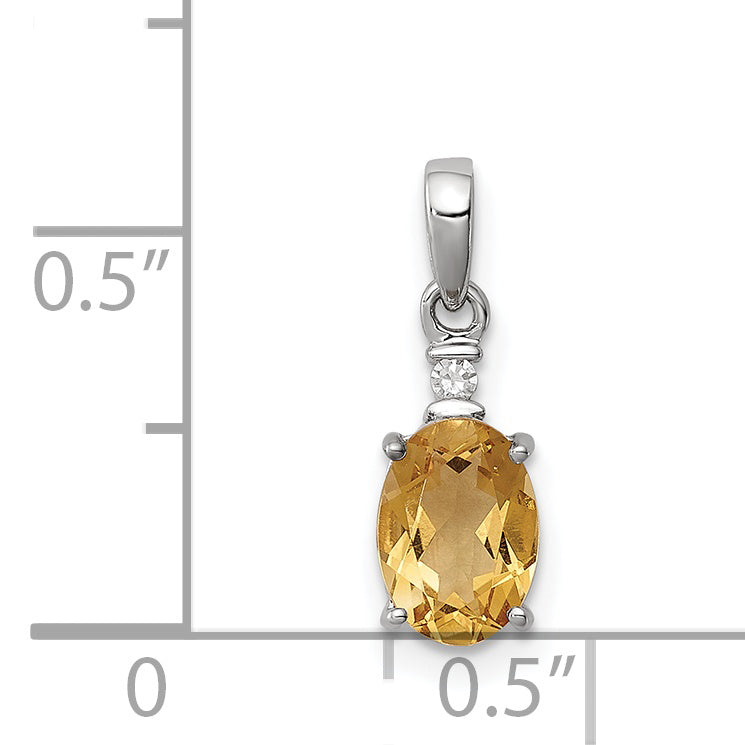 Sterling Silver Rhodium Plated Diamond & Citrine Oval Pendant