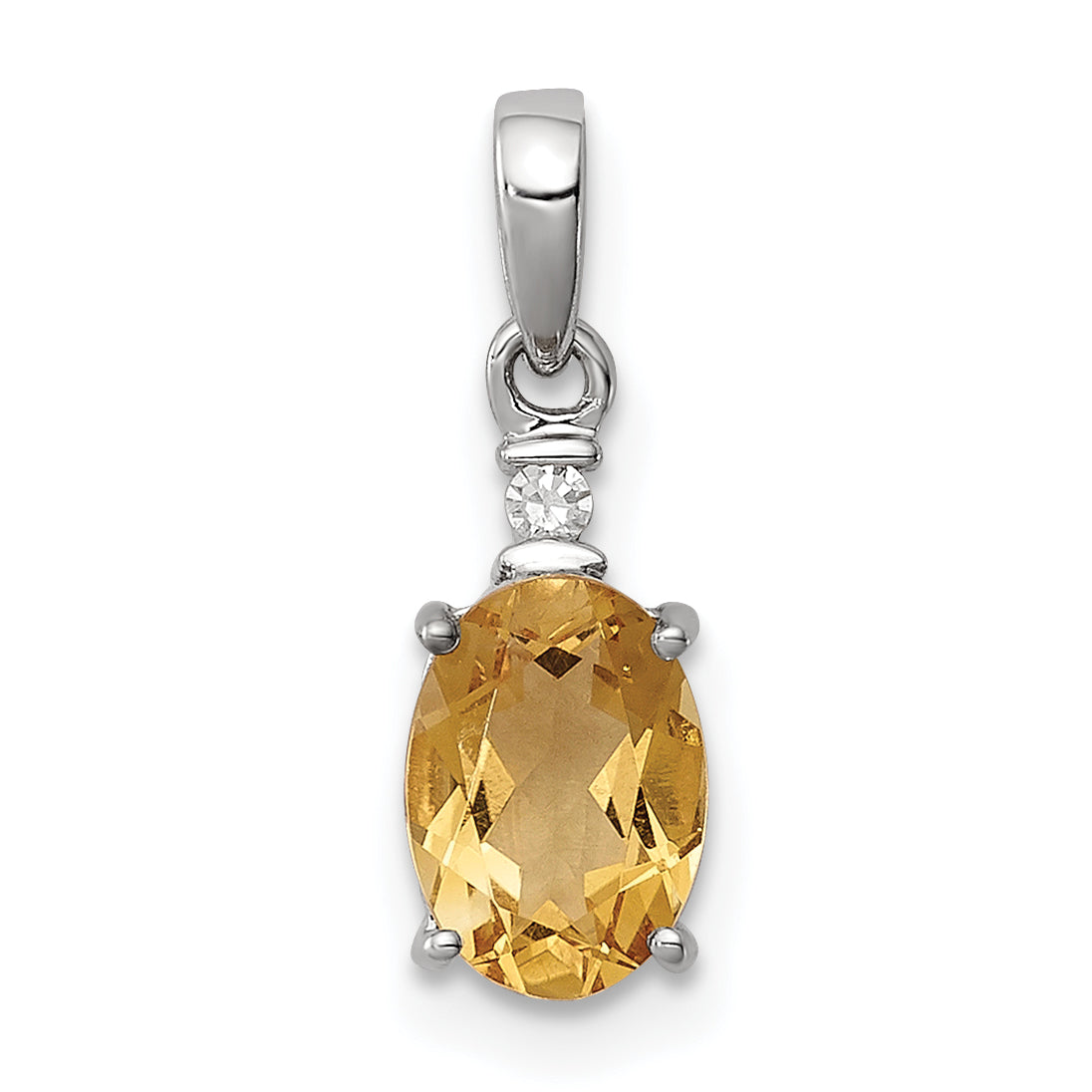 Sterling Silver Rhodium Plated Diamond & Citrine Oval Pendant