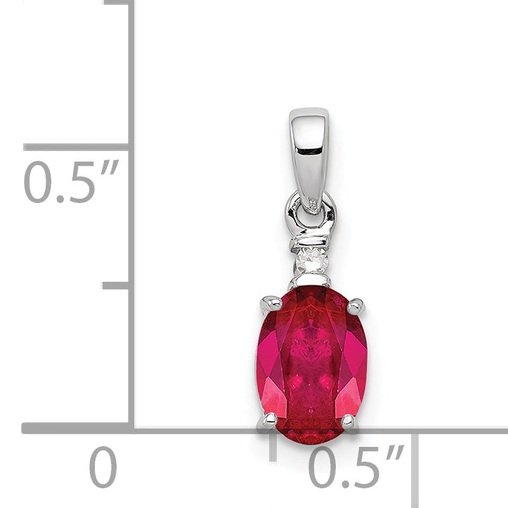 Sterling Silver Rhodium Plated Diamond & Ruby Oval Pendant