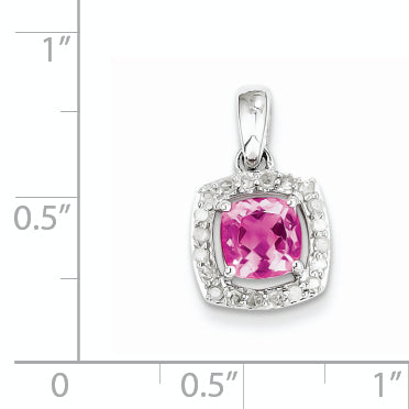 Sterling Silver Rhodium-plated Diamond & Pink Tourmaline Square Pendant