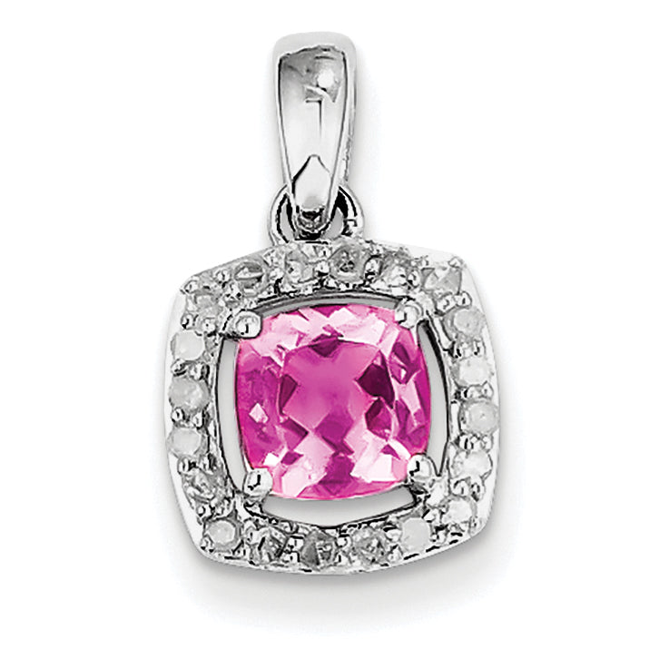 Sterling Silver Rhodium-plated Diamond & Pink Tourmaline Square Pendant