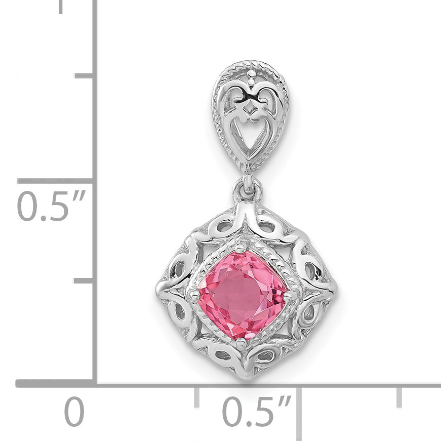 Sterling Silver Rhodium-plated Polished Pink Tourmaline Square Pendant