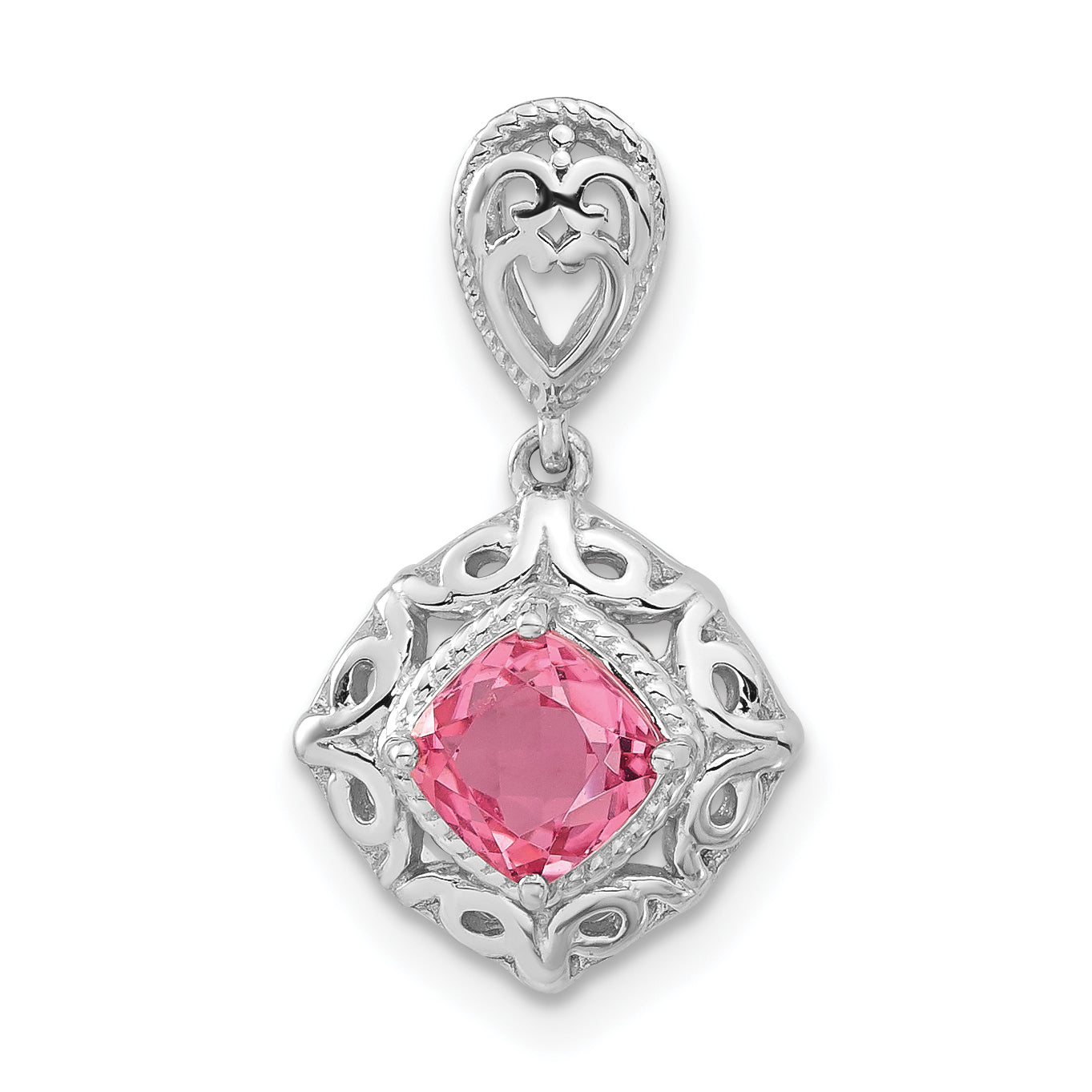 Sterling Silver Rhodium-plated Polished Pink Tourmaline Square Pendant