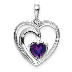 Sterling Silver Rhodium Plated Diamond and Amethyst Heart Pendant