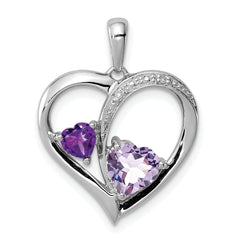 Sterling Silver RH Plated Diamond Amethyst and Rose de France Pendant