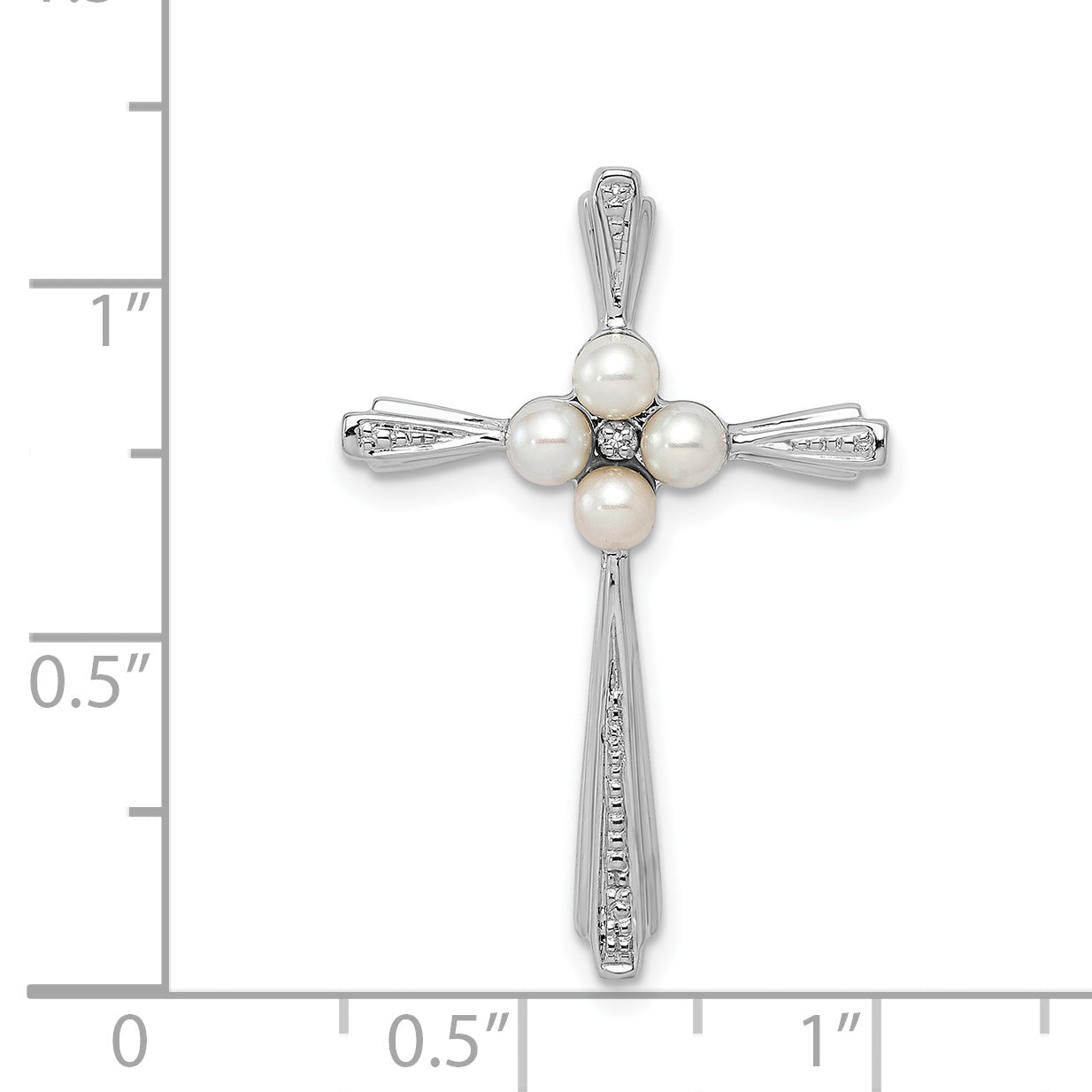 Sterling Silver Rhod Plated Diamond FW Cultured Pearl Cross Pendant