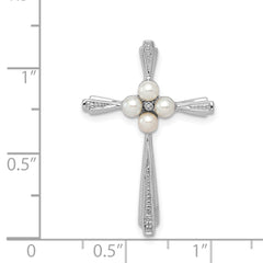 Sterling Silver Rhod Plated Diamond FW Cultured Pearl Cross Pendant