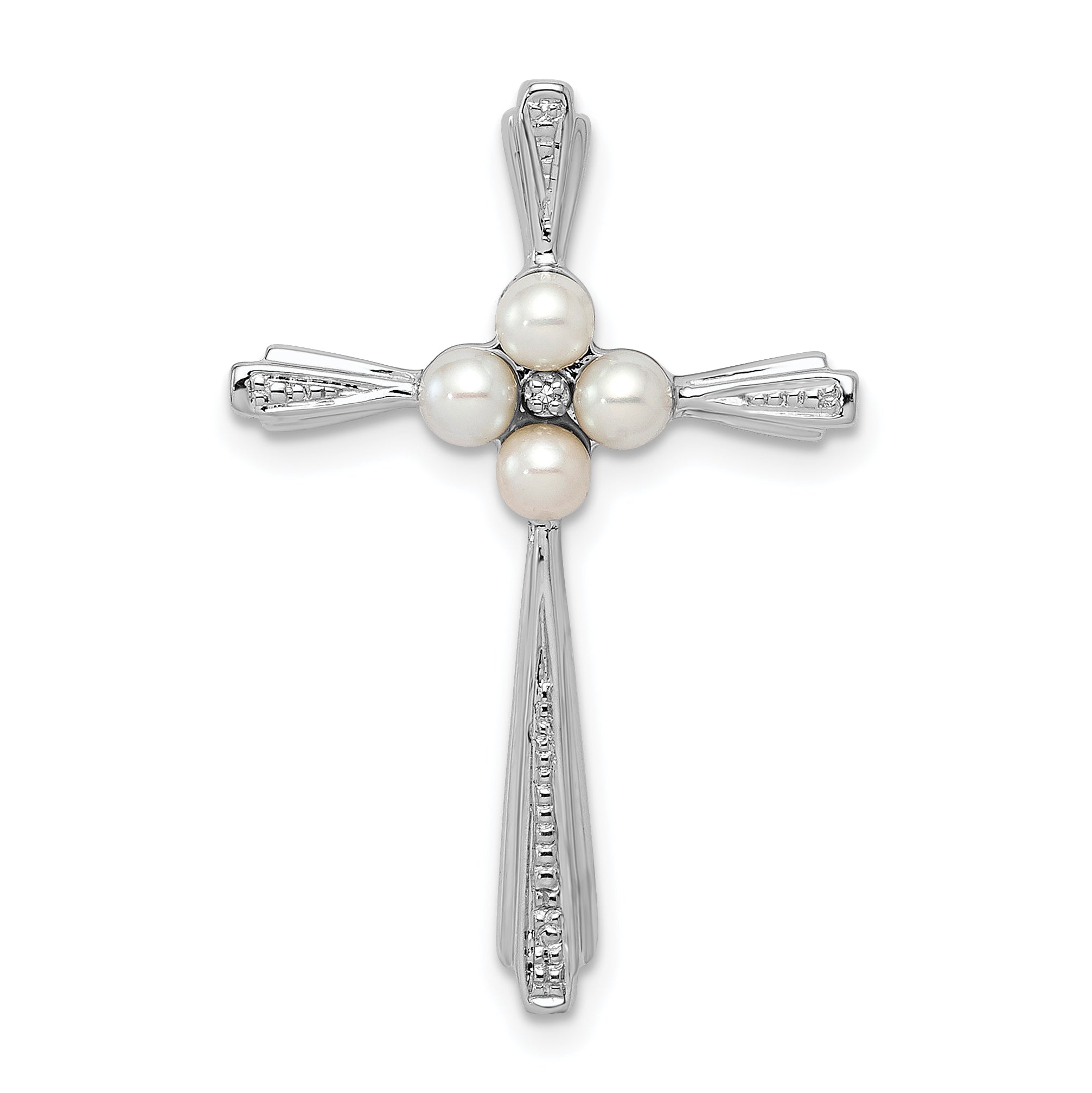 Sterling Silver Rhod Plated Diamond FW Cultured Pearl Cross Pendant