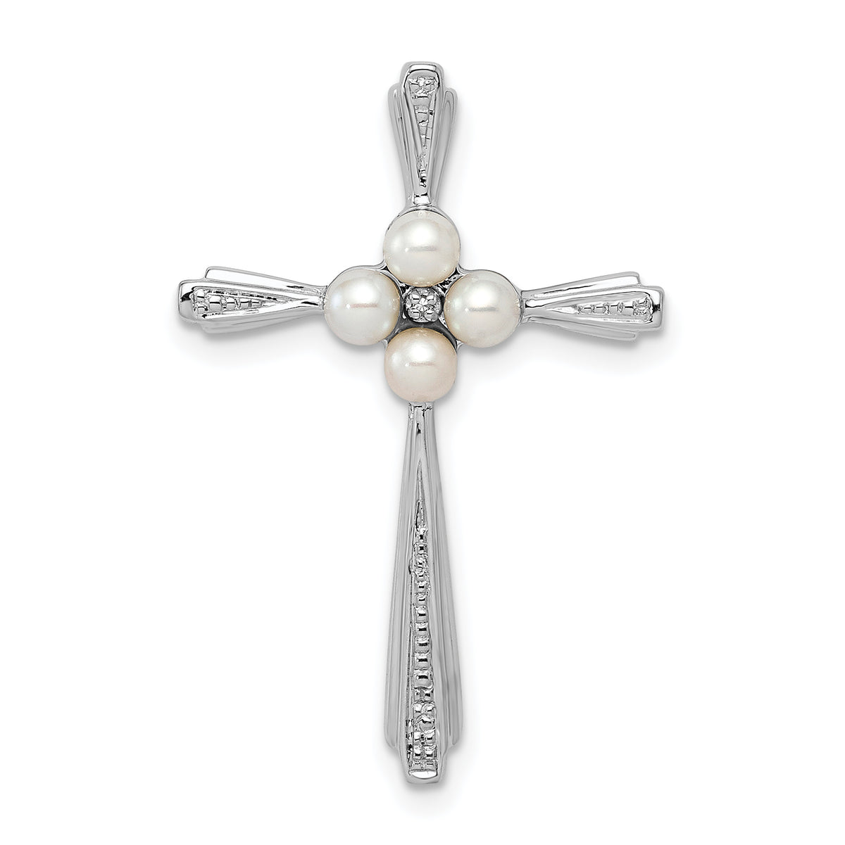 Sterling Silver Rhod Plated Diamond FW Cultured Pearl Cross Pendant