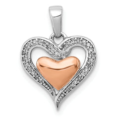 Sterling Silver Rhodium & 14K Rose Gold Diamond Heart Pendant