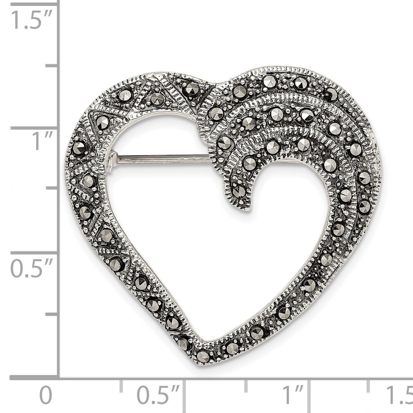 Sterling Silver Marcasite Open Heart Pin Brooch