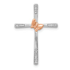 Sterling Silver Rh-pltd/14k Rose Gold Butterfly Diamond Cross Pendant