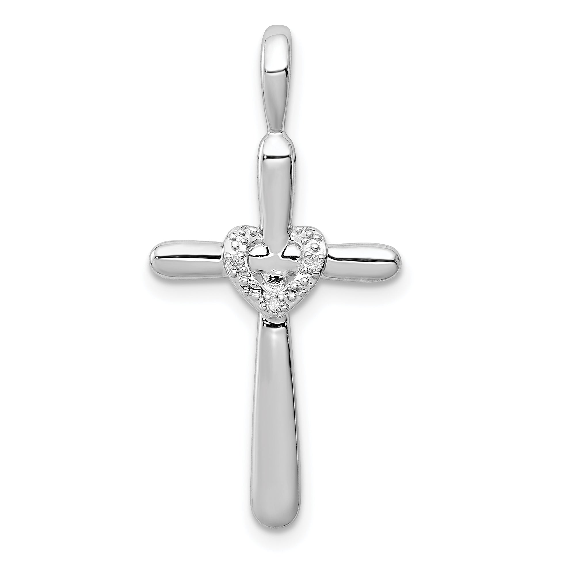 Sterling Silver Rhodium & Diam. Cross with Heart Pendant