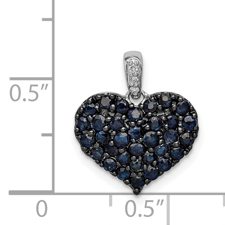 Sterling Silver Rhodium Diam. & Sapphire Heart Pendant