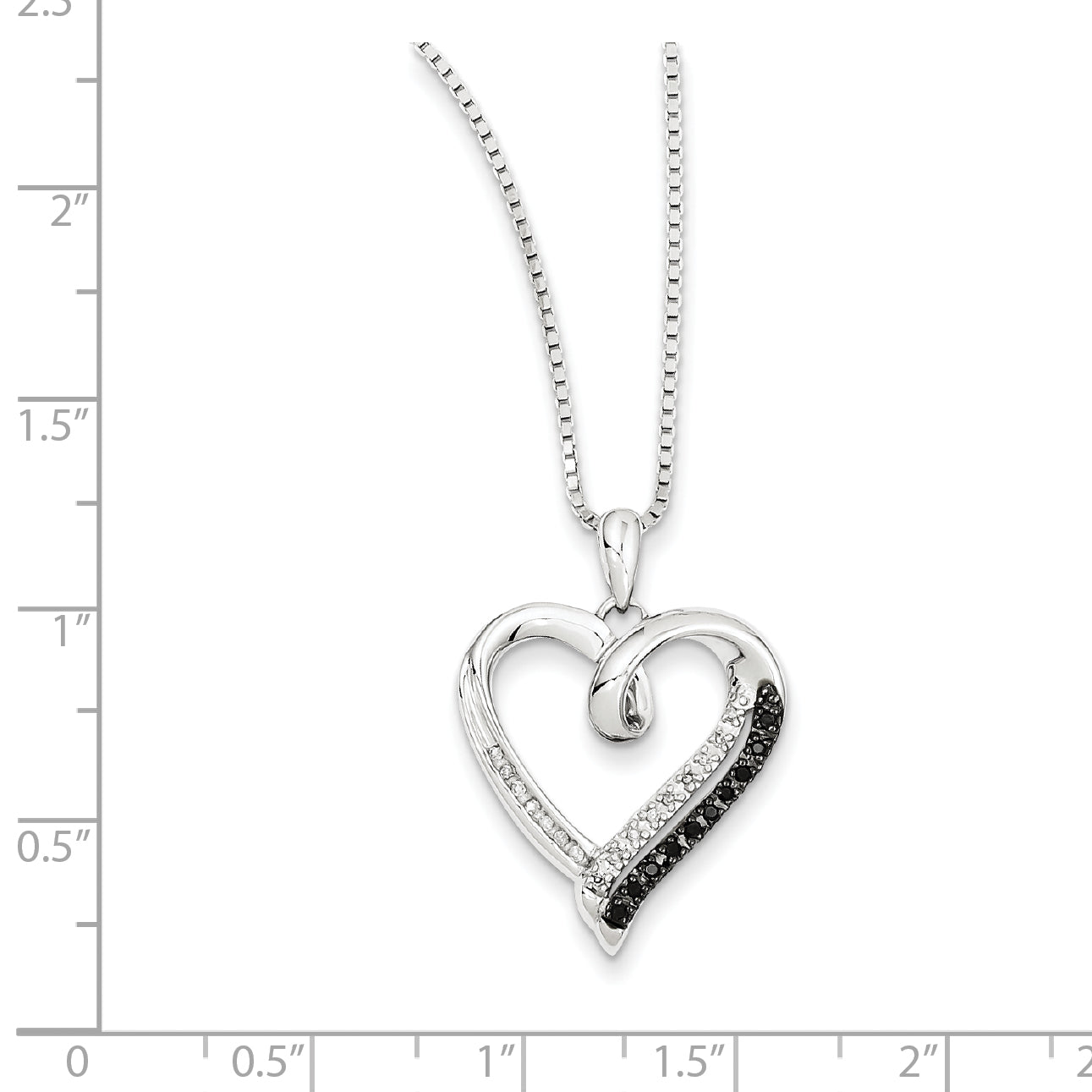 White Night Sterling Silver Rhodium-plated Black and White Diamond Heart 18 Inch Necklace with 2 Inch Extender