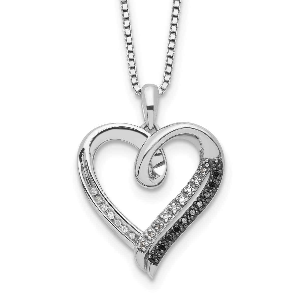 White Night Sterling Silver Rhodium-plated Black and White Diamond Heart 18 Inch Necklace with 2 Inch Extender