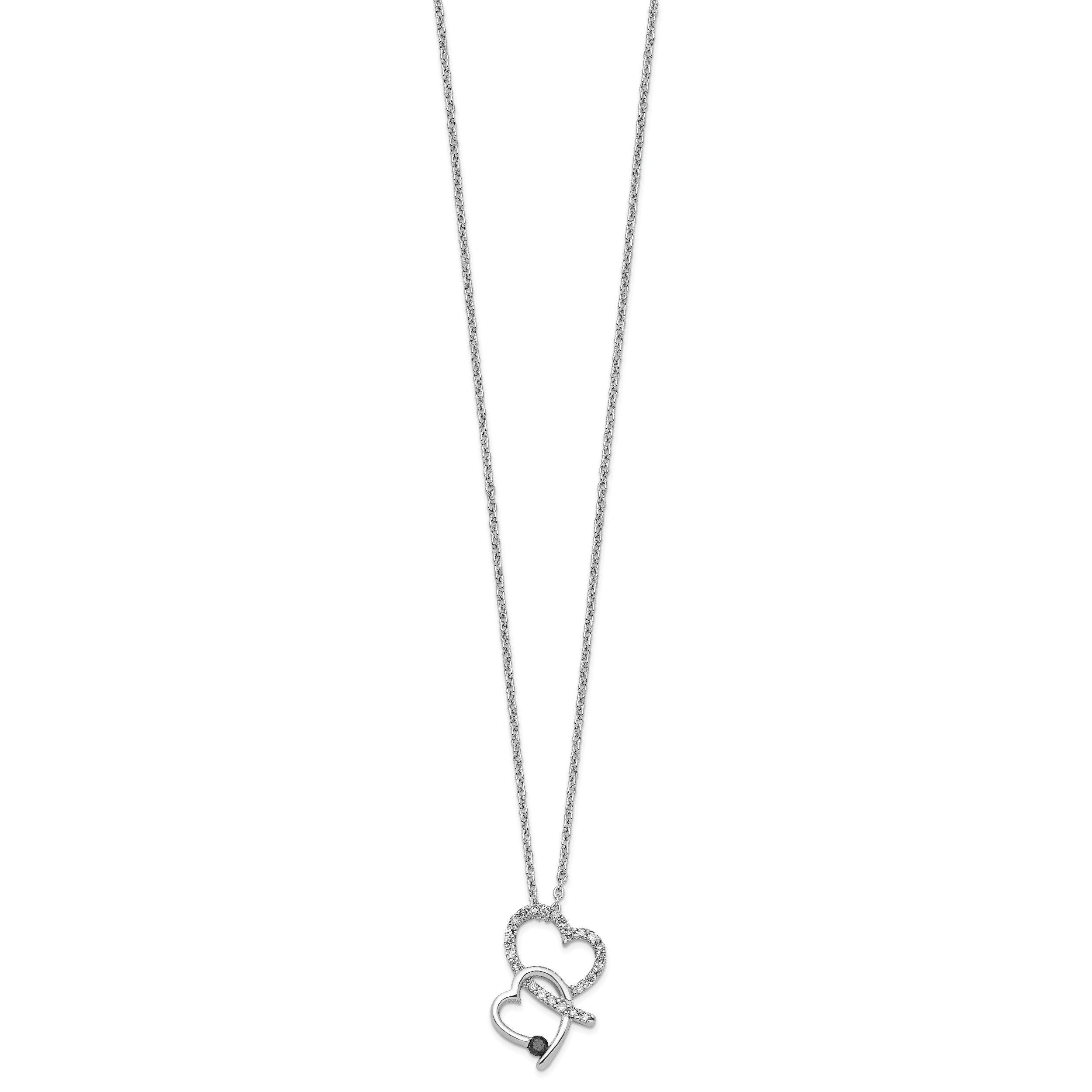 White Night Sterling Silver Rhodium-plated Black and White Diamond Double Heart 18 Inch Necklace with 2 Inch Extender