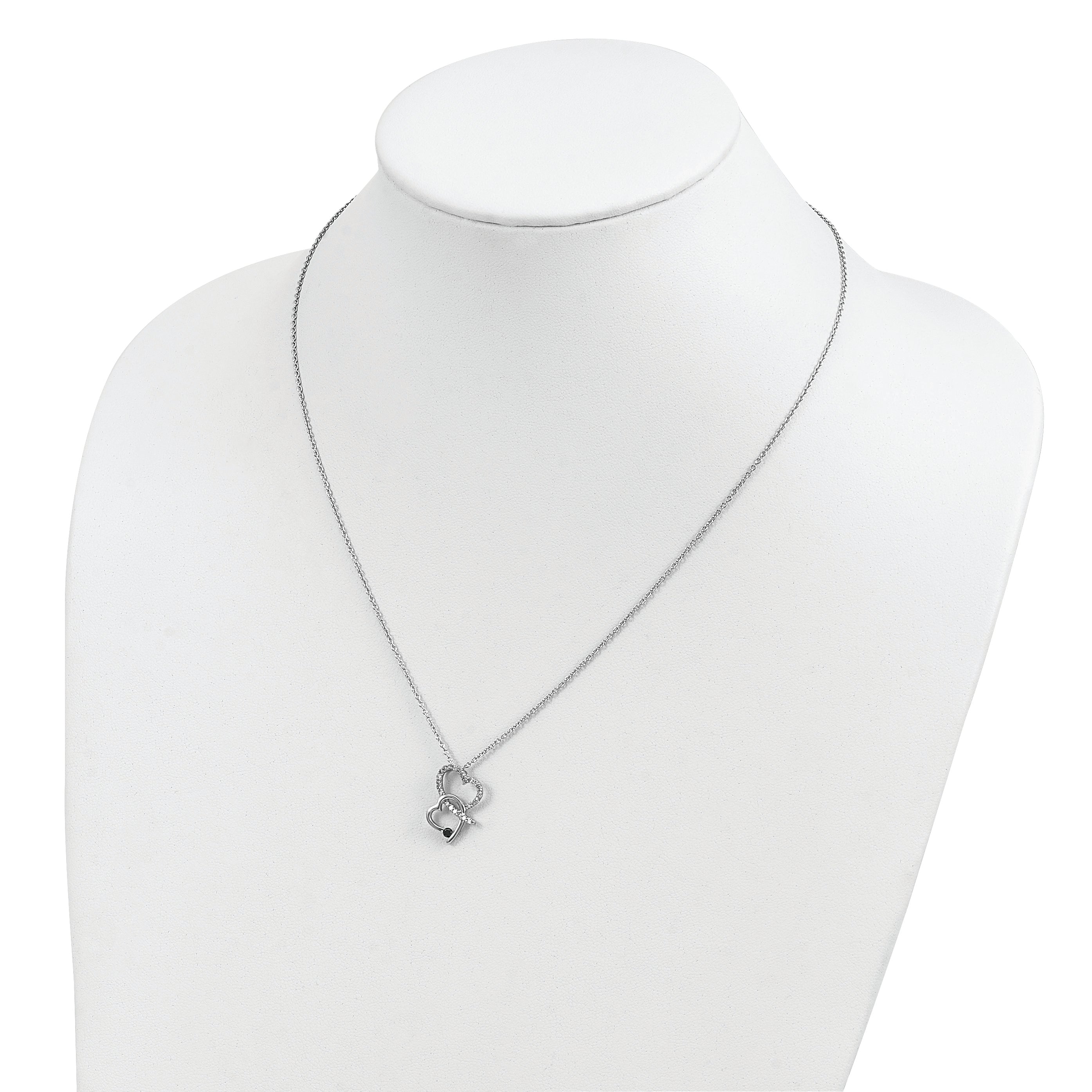 White Night Sterling Silver Rhodium-plated Black and White Diamond Double Heart 18 Inch Necklace with 2 Inch Extender