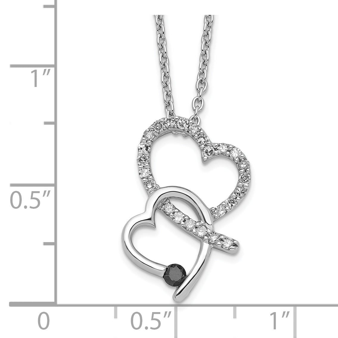 White Night Sterling Silver Rhodium-plated Black and White Diamond Double Heart 18 Inch Necklace with 2 Inch Extender