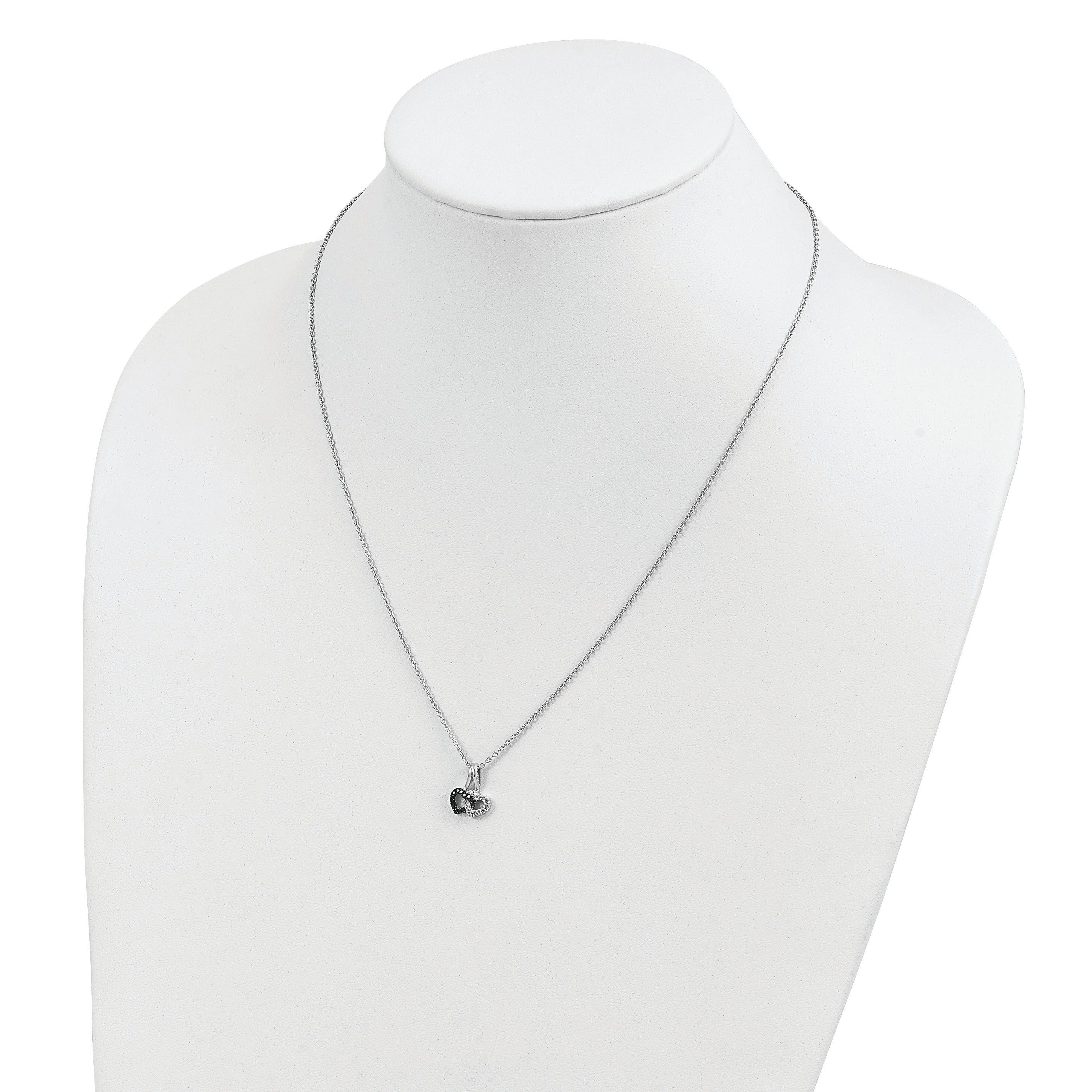 White Night Sterling Silver Rhodium-plated Black and White Diamond Double Heart 18 Inch Necklace with 2 Inch Extender