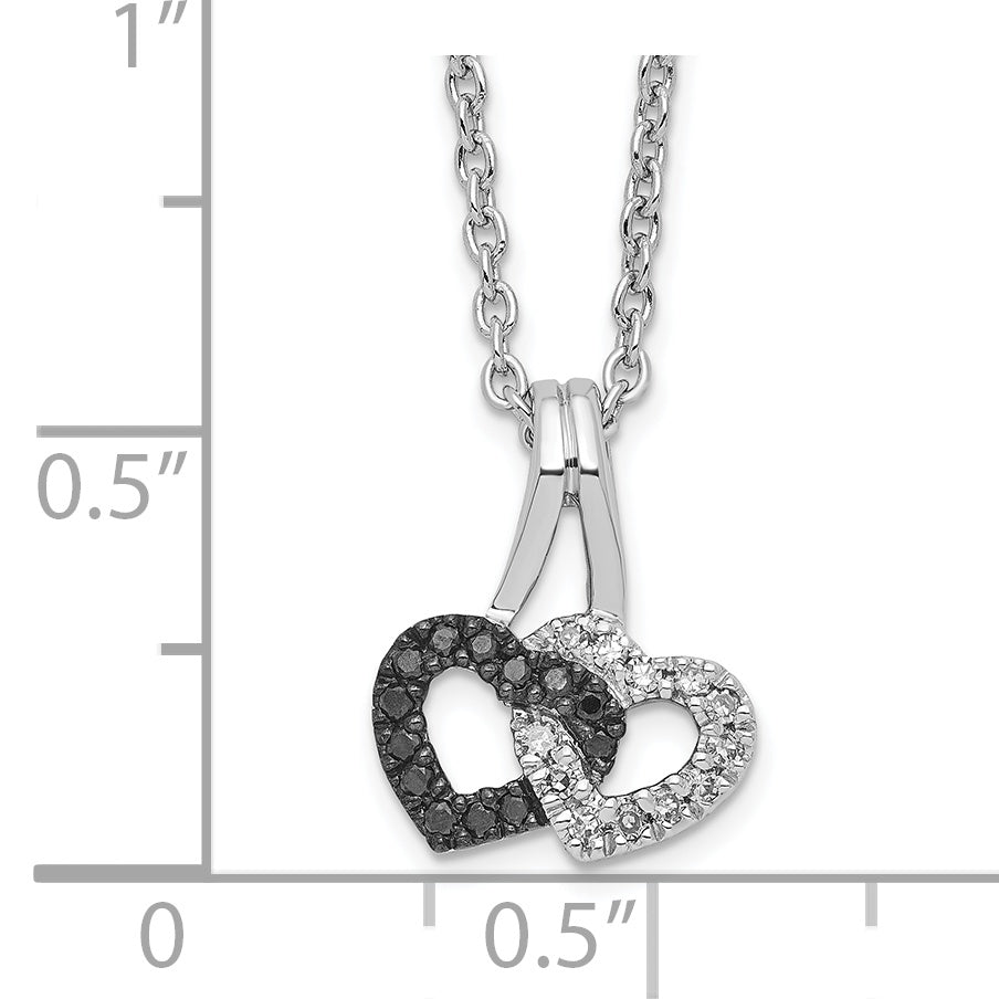 White Night Sterling Silver Rhodium-plated Black and White Diamond Double Heart 18 Inch Necklace with 2 Inch Extender