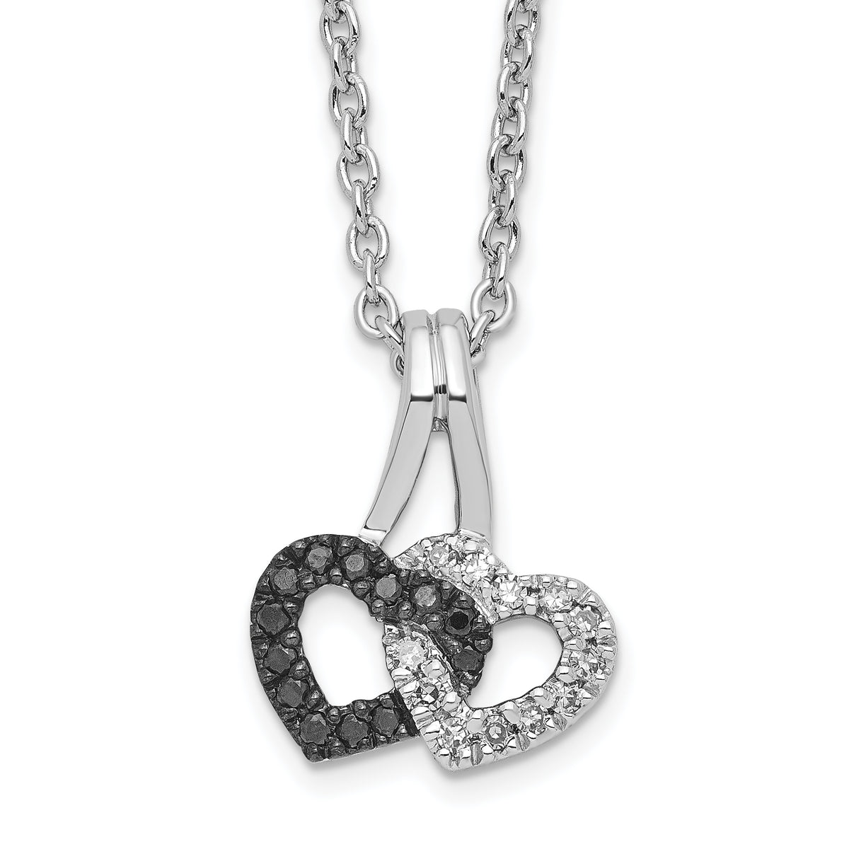 White Night Sterling Silver Rhodium-plated Black and White Diamond Double Heart 18 Inch Necklace with 2 Inch Extender