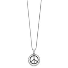 White Night Sterling Silver Rhodium-plated Black and White Diamond Peace Sign 18 Inch Necklace with 2 Inch Extender