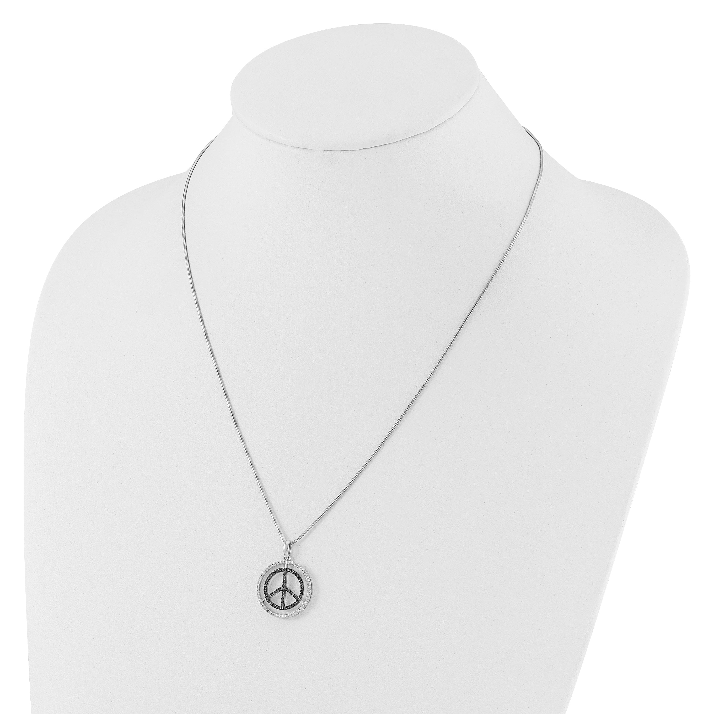 White Night Sterling Silver Rhodium-plated Black and White Diamond Peace Sign 18 Inch Necklace with 2 Inch Extender