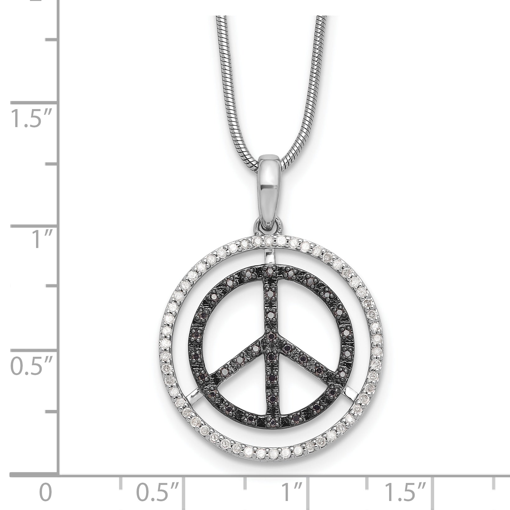 White Night Sterling Silver Rhodium-plated Black and White Diamond Peace Sign 18 Inch Necklace with 2 Inch Extender